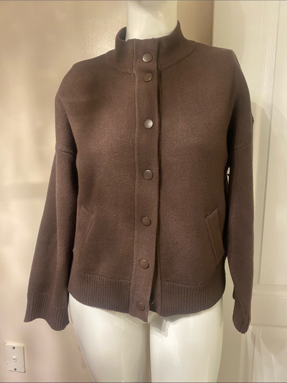 Rachel Zoe Dark Brown Snap-Front Knit Cardigan L